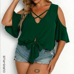SHEIN Plus Plunging Neck Cold Shoulder Knot Hem Blouse, Dark Green, Size 2XL(16)